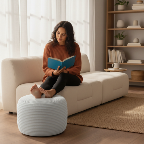 Pouf Déhoussable En Velours Côtelé 55x30 Cm Gris Clair
