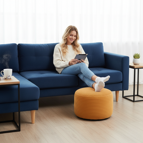 Pouf Déhoussable En Velours Côtelé 55x30 Cm Jaune Moutarde