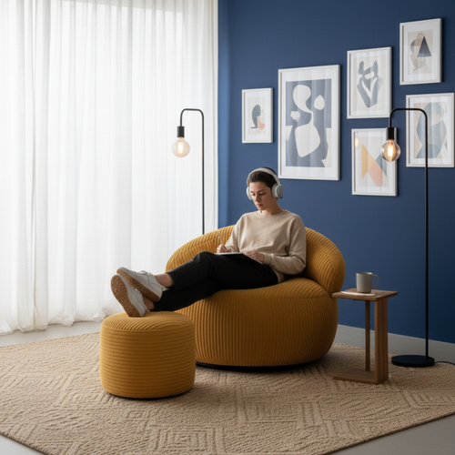 Pouf Déhoussable En Velours Côtelé 55x30 Cm Jaune Moutarde