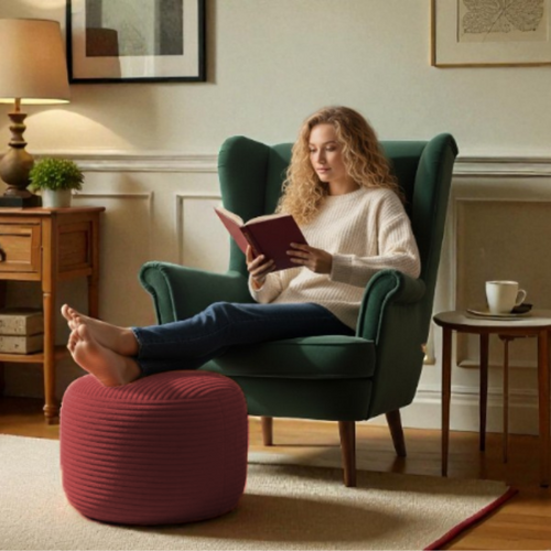 Pouf Déhoussable En Velours Côtelé 55x30 Cm Rouge Brique