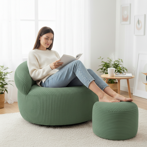 Pouf Déhoussable En Velours Côtelé 55x30 Cm Vert