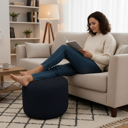 Pouf Déhoussable En Velours Côtelé 55x30 Cm Bleu Foncé