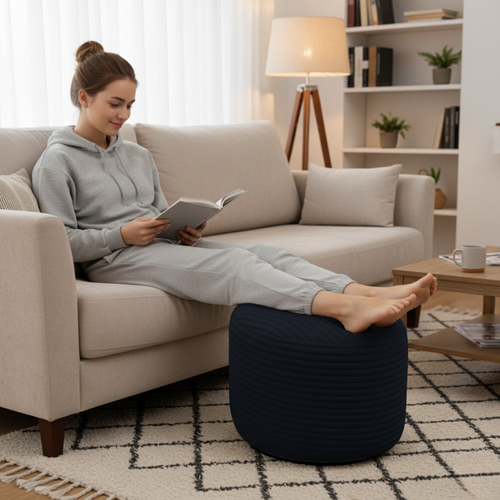 Pouf Déhoussable En Velours Côtelé 55x30 Cm Bleu Foncé