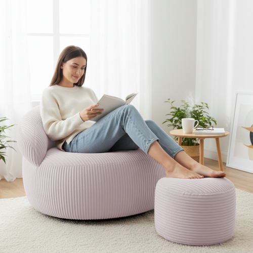 Pouf Déhoussable En Velours Côtelé 55x30 Cm Rose