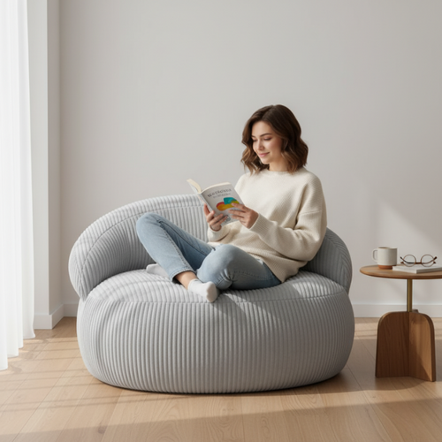Pouf XXL Déhoussable En Velours Côtelé 110x100 Cm Gris Clair