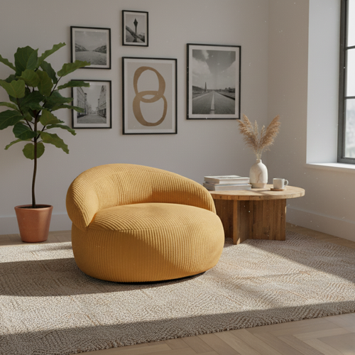 Pouf XXL Déhoussable En Velours Côtelé 110x100 Cm Jaune Moutarde