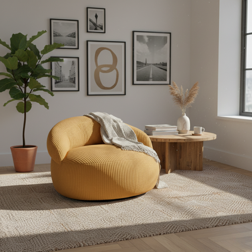 Pouf XXL Déhoussable En Velours Côtelé 110x100 Cm Jaune Moutarde