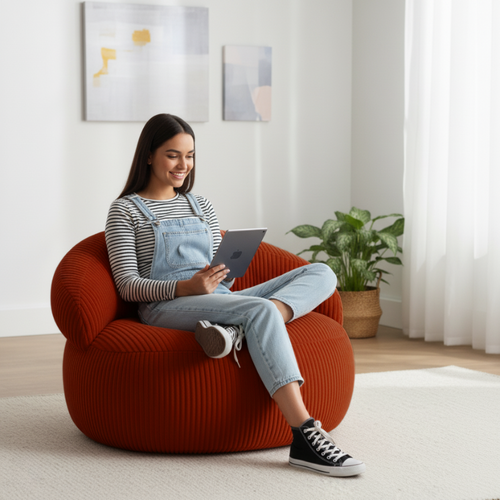 Pouf XXL Déhoussable En Velours Côtelé 110x100 Cm Rouge Brique