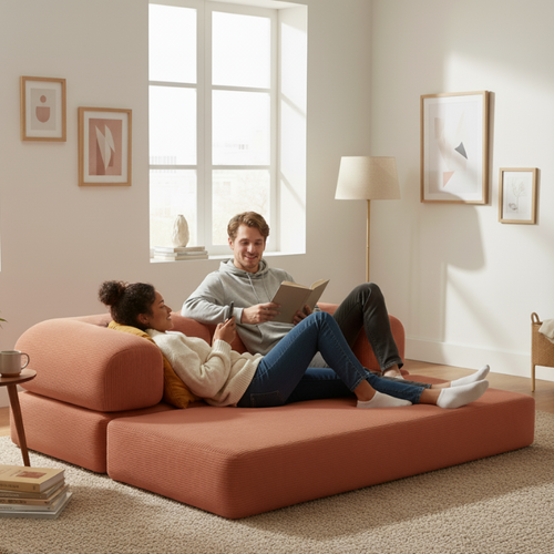 Canapé Lit Compressé Modulable En Velours Côtelé 90x180 Cm Terracotta