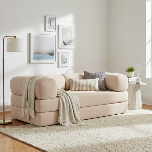 Canapé Lit Compressé Modulable En Velours Côtelé 90x180 Cm Beige