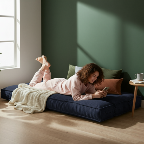 Futon Déhoussable En Velours Côtelé 90x190 Cm Bleu Foncé