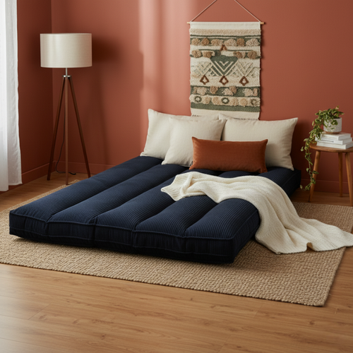 Futon Déhoussable 2 Places En Velours Côtelé 140x190 Cm Bleu Foncé