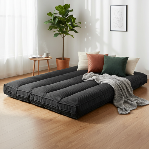 Futon Déhoussable 2 Places En Velours Côtelé 140x190 Cm Gris Foncé