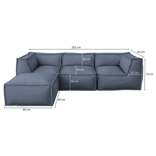 Canapé Modulable 4 Places En Effet Lin 90x262 Cm Gris Foncé