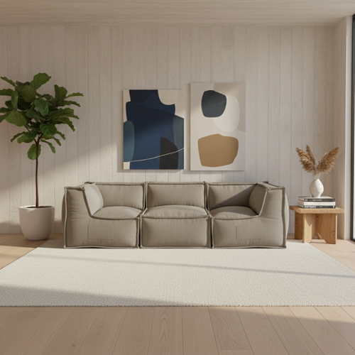 Canapé Modulable 3 Places En Effet Lin 90x262 Cm Beige