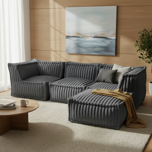 Canapé Modulable 4 Places En Fausse Fourrure Côtelée 90x262 Cm Gris Foncé