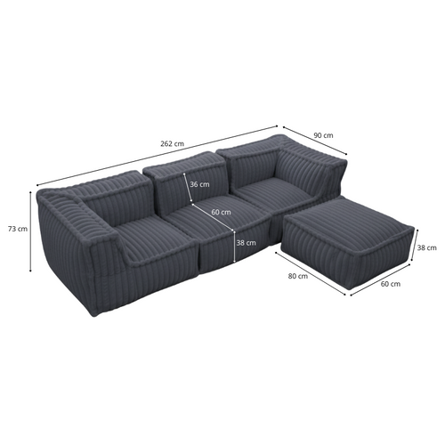Canapé Modulable 4 Places En Fausse Fourrure Côtelée 90x262 Cm Gris Foncé
