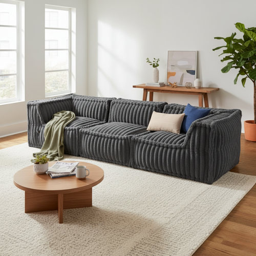 Canapé Modulable 3 Places En Fausse Fourrure Côtelée 90x262 Cm Gris Foncé