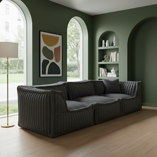 Canapé Modulable 3 Places En Fausse Fourrure Côtelée 90x262 Cm Gris Foncé