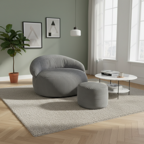Pouf XXL Déhoussable En Velours Côtelé 110x100 Cm + Repose-pieds Gris Foncé