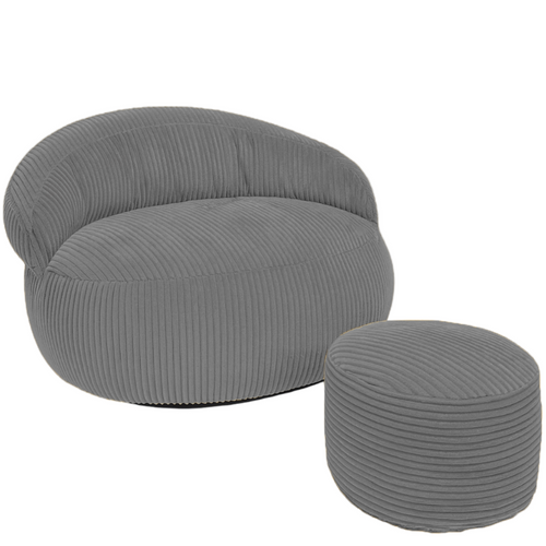 Pouf XXL Déhoussable En Velours Côtelé 110x100 Cm + Repose-pieds Gris Foncé