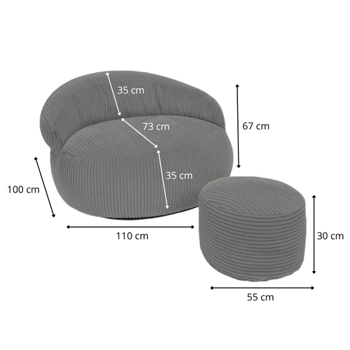 Pouf XXL Déhoussable En Velours Côtelé 110x100 Cm + Repose-pieds Gris Foncé