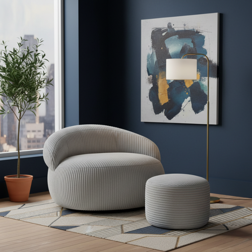 Pouf XXL Déhoussable En Velours Côtelé 110x100 Cm + Repose-pieds Gris Clair