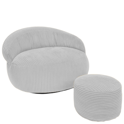 Pouf XXL Déhoussable En Velours Côtelé 110x100 Cm + Repose-pieds Gris Clair