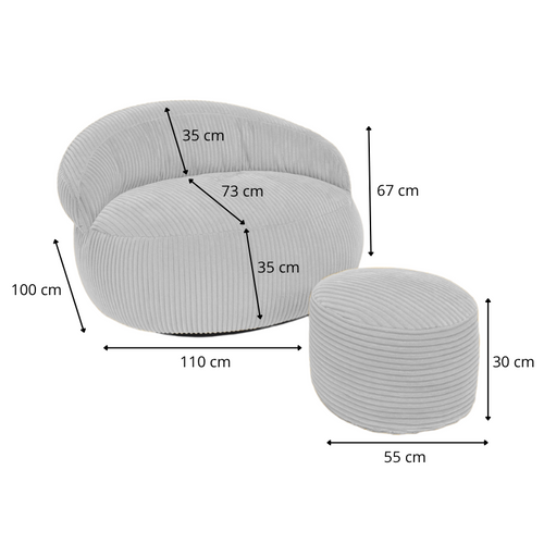 Pouf XXL Déhoussable En Velours Côtelé 110x100 Cm + Repose-pieds Gris Clair