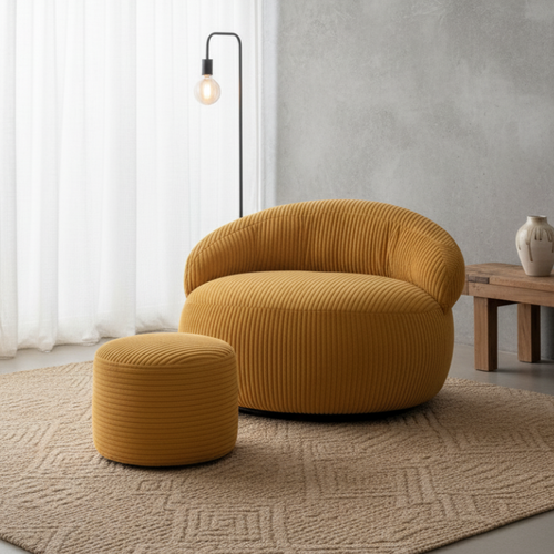 Pouf XXL Déhoussable En Velours Côtelé 110x100 Cm + Repose-pieds Jaune