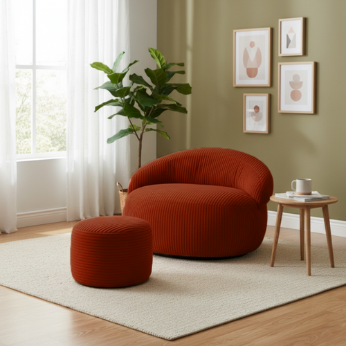 Pouf XXL Déhoussable En Velours Côtelé 110x100 Cm + Repose-pieds Rouge