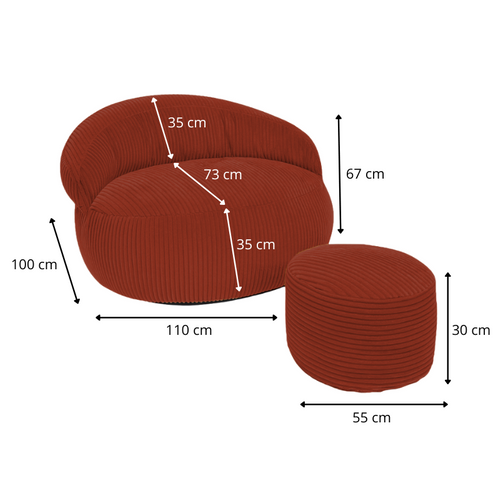 Pouf XXL Déhoussable En Velours Côtelé 110x100 Cm + Repose-pieds Rouge