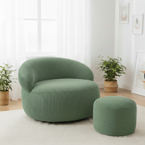 Pouf XXL Déhoussable En Velours Côtelé 110x100 Cm + Repose-pieds Vert
