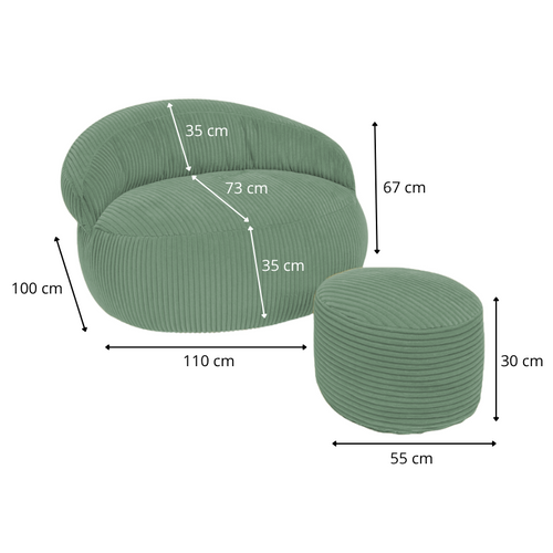 Pouf XXL Déhoussable En Velours Côtelé 110x100 Cm + Repose-pieds Vert