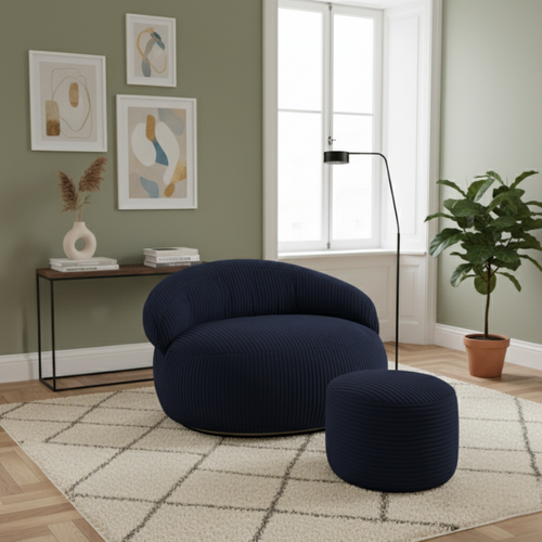 Pouf XXL Déhoussable En Velours Côtelé 110x100 Cm + Repose-pieds Bleu Foncé