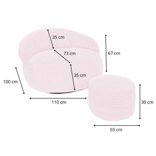 Pouf XXL Déhoussable En Velours Côtelé 110x100 Cm + Repose-pieds Rose