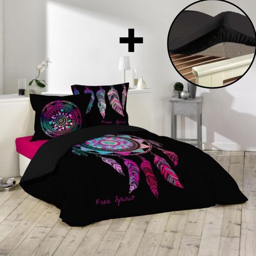 Pack Parure De Couette 220x240 Cm Porte Bonheur + Drap Housse 140x190 Noir