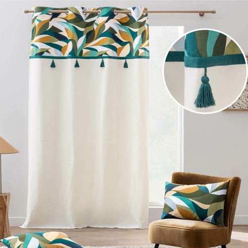 Rideau à Oeillets 140 X 240 Cm Swan – Polycoton Uni Avec Top Imprimé Et Pompons – Style Bohème