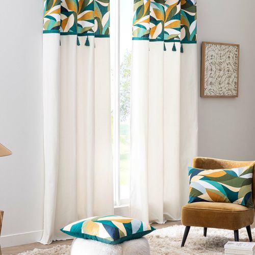 Rideau à Oeillets 140 X 240 Cm Swan – Polycoton Uni Avec Top Imprimé Et Pompons – Style Bohème