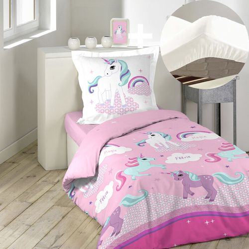 Pack Parure De Couette Enfant 140x200 Cm Licorne + Drap Housse 90x190 Blanc