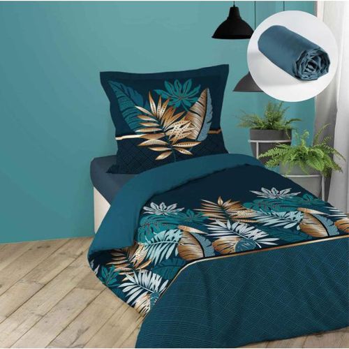 Pack Parure De Couette Enfant 140x200 Cm Alianor + Drap Housse 90x190 Bleu