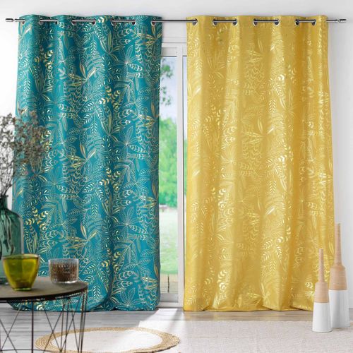 Lot De 2 Rideaux Tamisant à Oeillets 140 X 260 Cm Imprimé Métalillisé Belflor Jaune/or