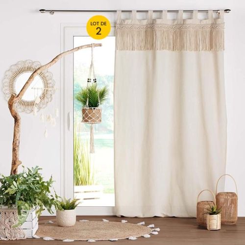 Lot De 2 Rideaux à Passants 140 X 240 Cm Polycoton Uni Et Top Macrame, Samaya