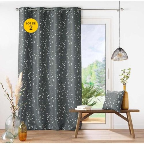 Lot De 2 Rideaux à Oeillets 140 X 260 Cm Polyester Appliqué Sakura Anthracite