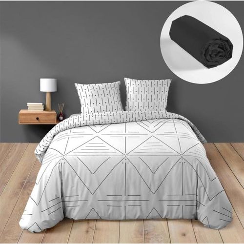 Pack 4 Pièces Housse De Couette 260 X 240 Cm Etna + 2 Taies + Drap Housse 160 Noir