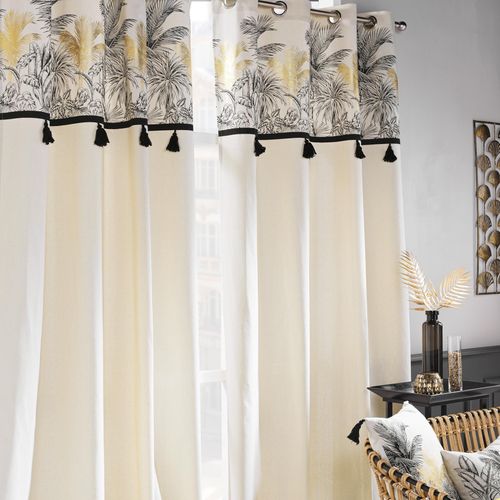 Lot De 2 Rideaux à Oeillets 140 X 240 Cm Polycoton + Pompons Papaya