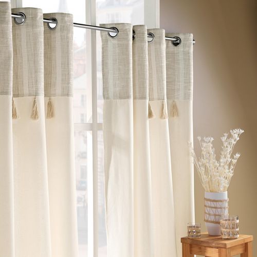 Lot De 2 Rideaux à Oeillets 140 X 240 Cm Poly-coton + Haut Tissé + Pompon Island