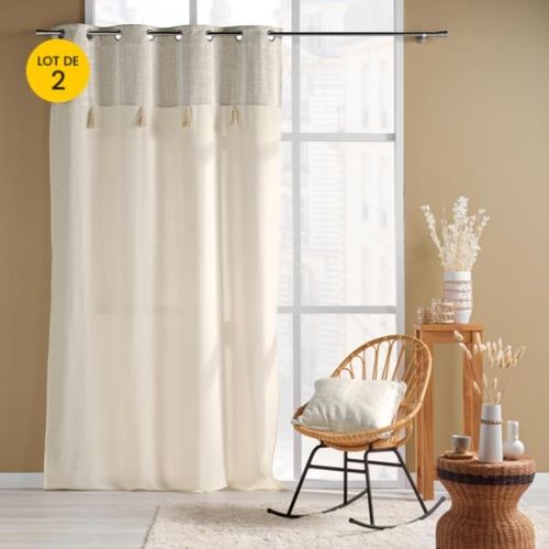 Lot De 2 Rideaux à Oeillets 140 X 240 Cm Poly-coton + Haut Tissé + Pompon Island