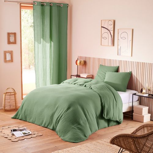 Housse De Couette 240 X 220 Cm En Gaze De Coton Naturelle + 2 Taies Vert Olive