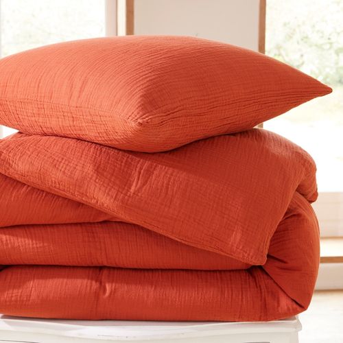 Housse De Couette 240 X 220 Cm En Gaze De Coton Naturelle + 2 Taies Orange